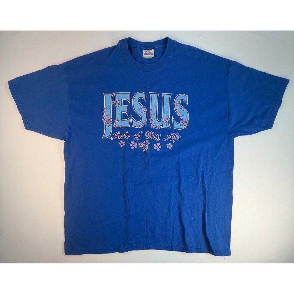 Vintage Hanes Heavyweight Jesus Lord of My Life T-Shirt XL Blue Floral Graphic